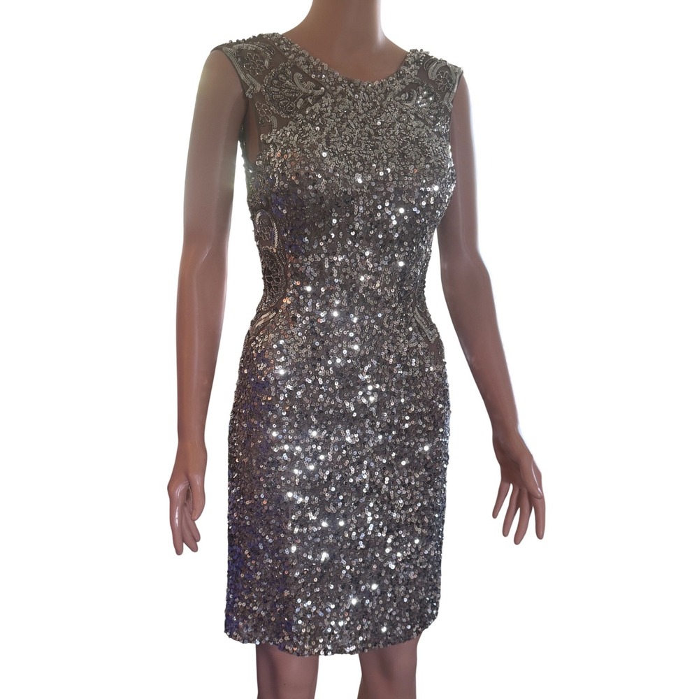 Beeta Grover Scala Silver Sequin Dress 48484 Womens Size‎ 2 Sheer Sides NWT